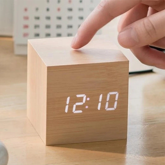 Wood LED Table Clock With Alarm & Voice Control