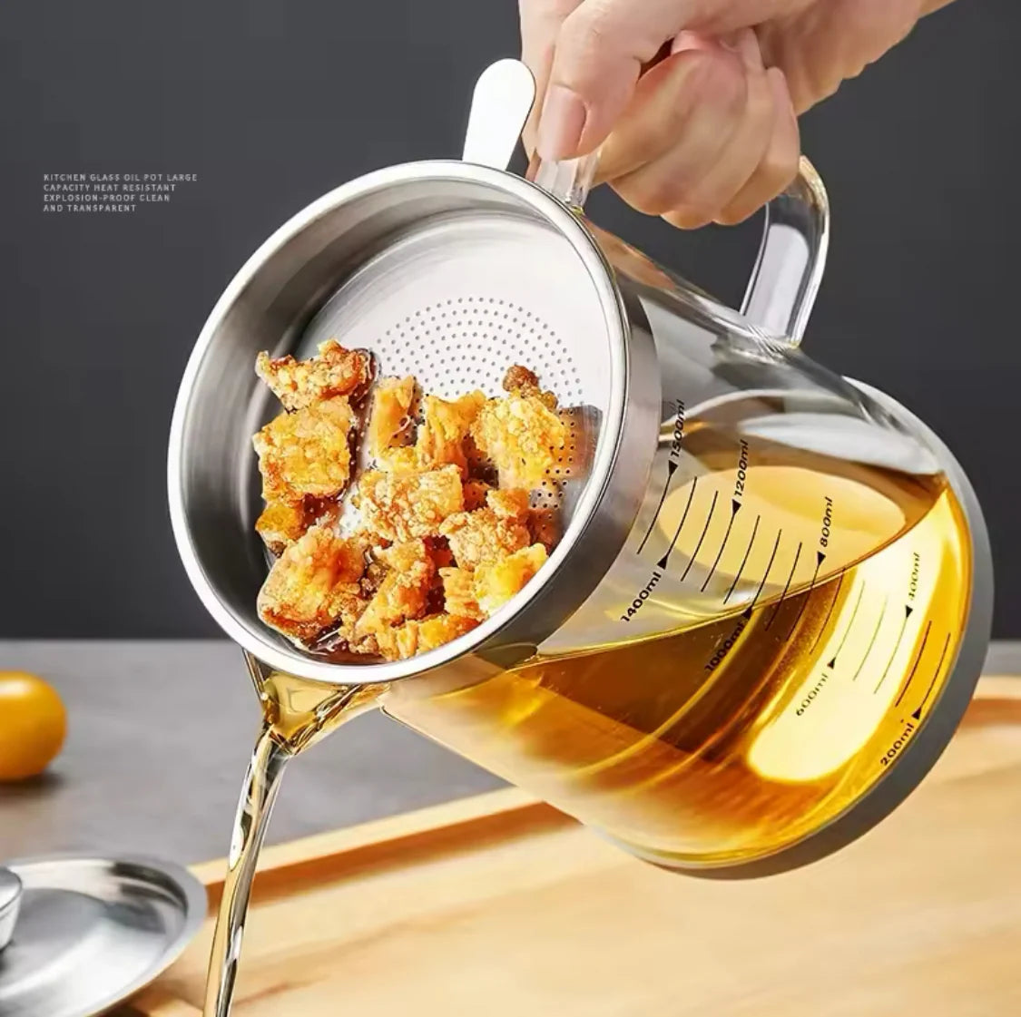 1200ML Glass Oil Filter Pot Kitchen Oil Strainer Container
