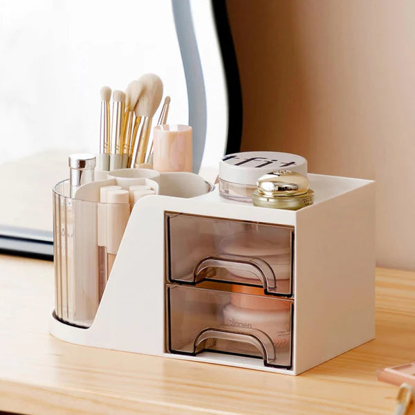 360° Rotating Desk Organizer with Mirror 2 Drawers & 7 Storage Slots