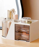 360° Rotating Desk Organizer with Mirror 2 Drawers & 7 Storage Slots