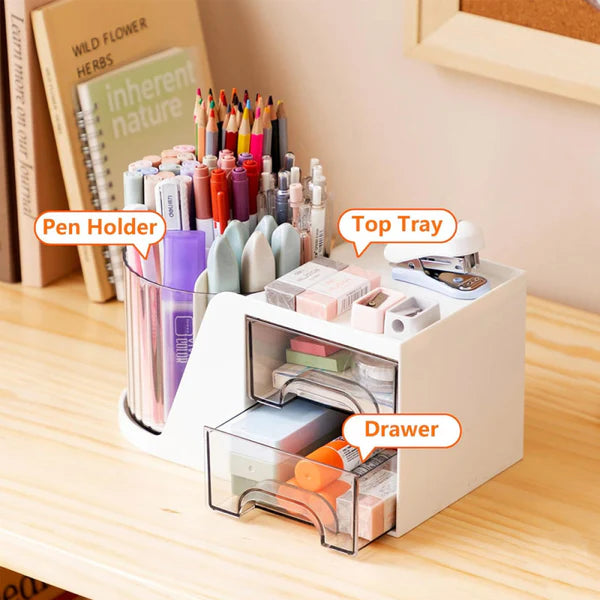 360° Rotating Desk Organizer with Mirror 2 Drawers & 7 Storage Slots