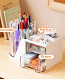 360° Rotating Desk Organizer with Mirror 2 Drawers & 7 Storage Slots