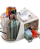 360° Rotating Desk Organizer with Mirror 2 Drawers & 7 Storage Slots