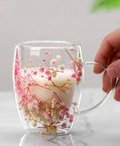 Dry Flowers Double Wall Glass Cup With Handle