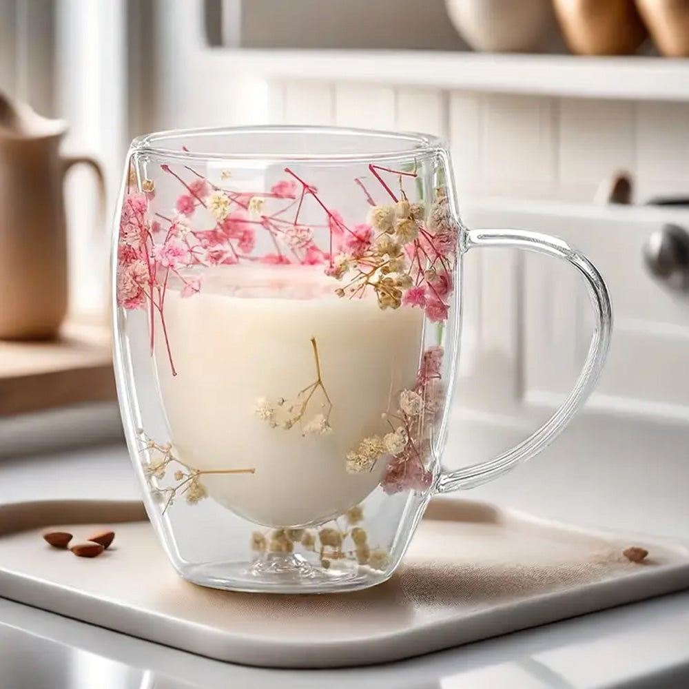 Dry Flowers Double Wall Glass Cup With Handle