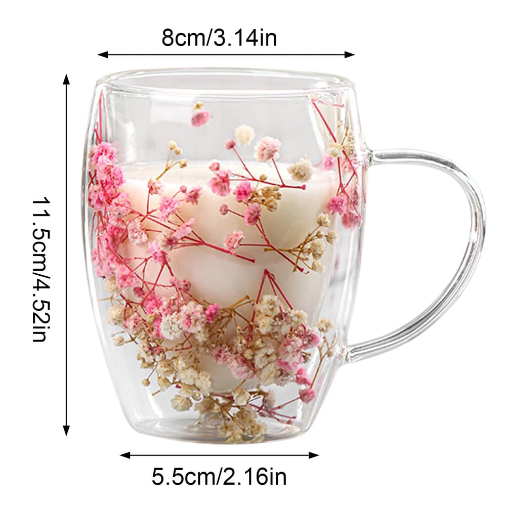 Dry Flowers Double Wall Glass Cup With Handle