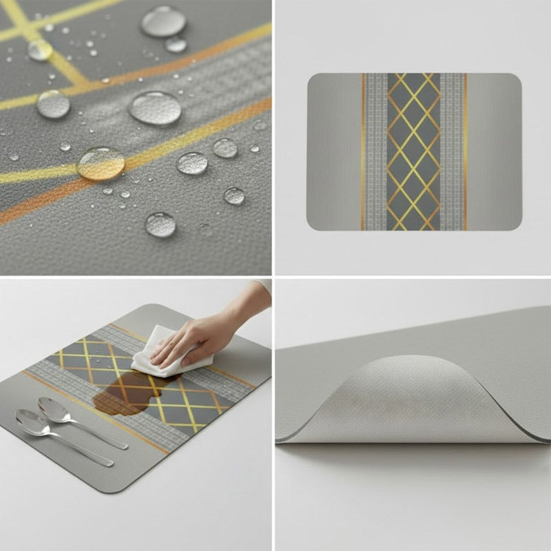 Anti-Slip Dish Drying/Dining Table Mat-Grey & Gold Accent Stripe Design